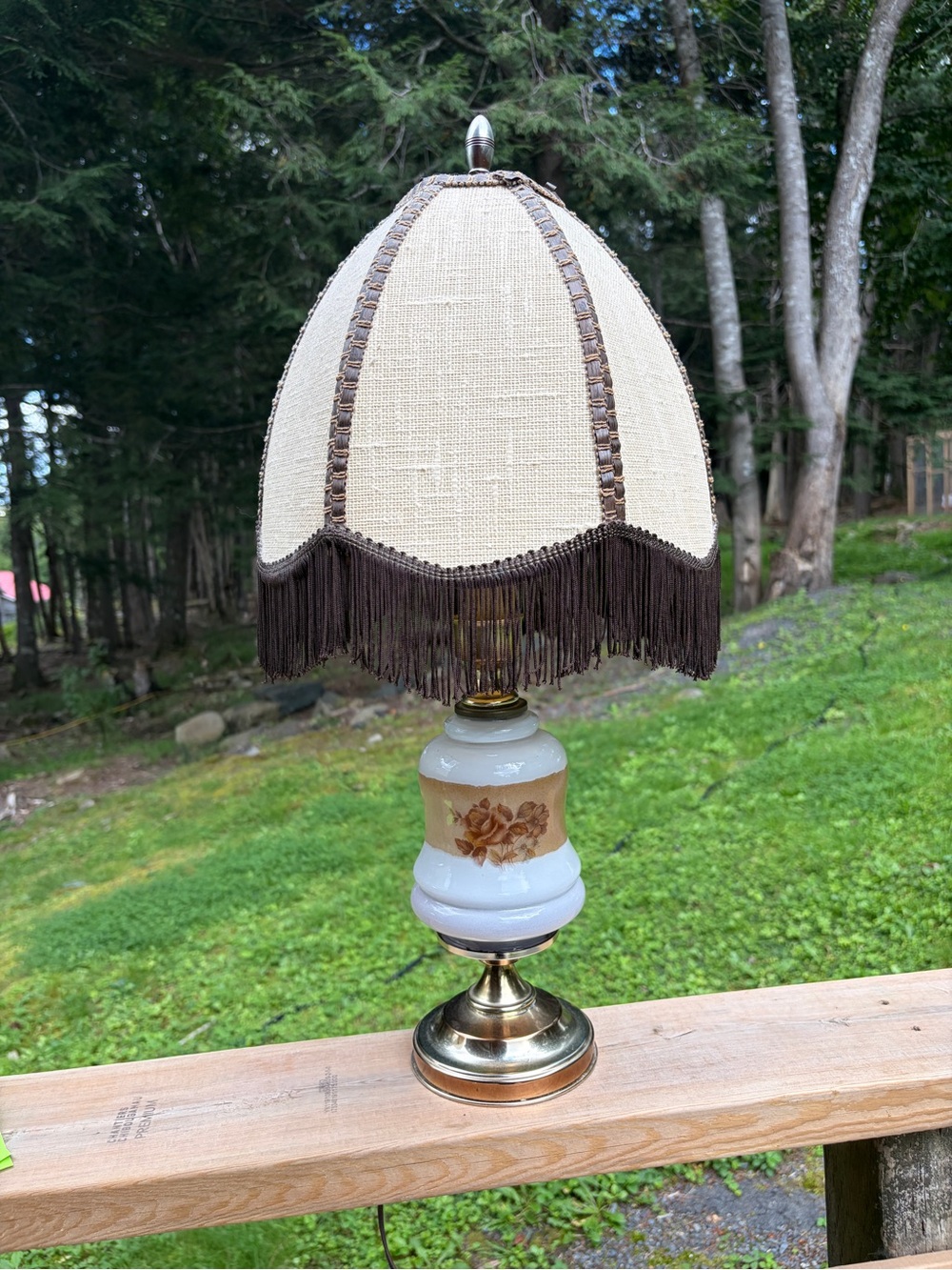 Vintage Victorian Boudoir Table Lamp Floral Milk Glass Base Fringed Dome Shade